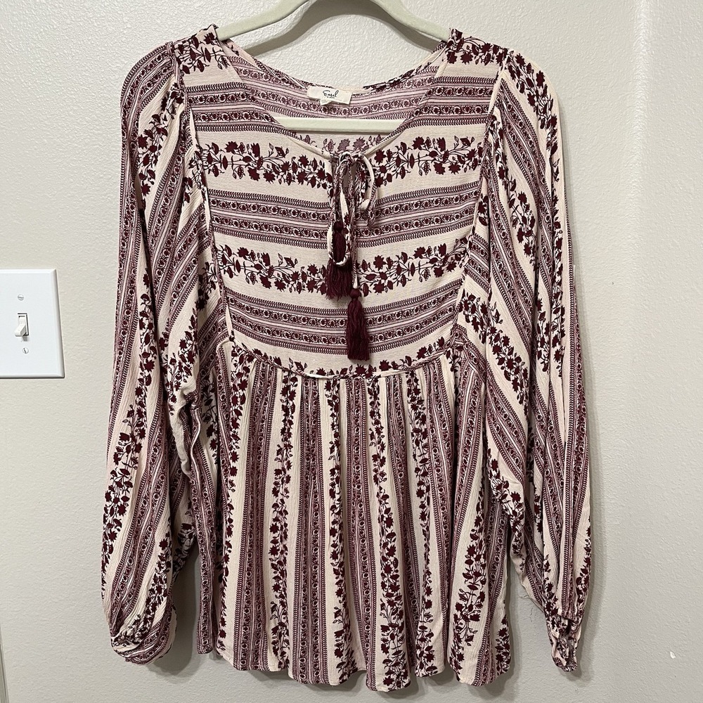 Easel Women's Blouse Sz‎ Large Peasant Red/Cream Cottagecore